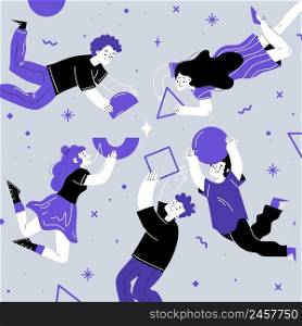 Team collaboration linear concept with business people work together set up abstract geometric shapes flying in air. Employees teamwork cooperation, partnership, Line art flat vector illustration. Team collaboration concept with business people