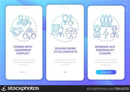 Team conflicts blue gradient onboarding mobile app page screen. Work relations walkthrough 3 steps graphic instructions with concepts. UI, UX, GUI vector template with linear color illustrations. Team conflicts blue gradient onboarding mobile app page screen