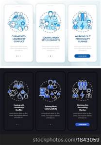 Team conflicts onboarding mobile app page screen. Work relations walkthrough 3 steps graphic instructions with concepts. UI, UX, GUI vector template with linear night and day mode illustrations. Team conflicts onboarding mobile app page screen