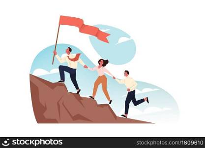 Team, goal, motivation, business startup, leadership concept. Team of business people managers climb mountain holds hands together. Motivated businessman boss leads employees with flag forward to goal. Team, goal, motivation, business startup, leadership concept.