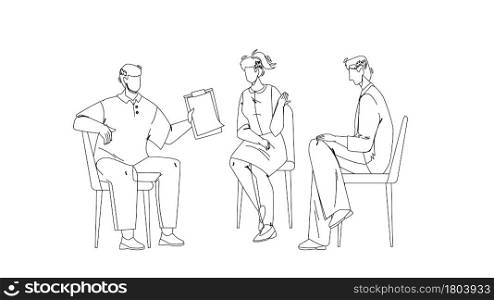Team Group Discuss And Communicate Together Black Line Pencil Drawing Vector. Young Men And Woman Team Group Sitting On Chairs And Discussing Togetherness. Boy With Checklist and Talk Illustration. Team Group Discuss And Communicate Together Vector