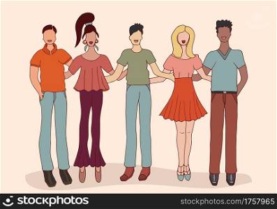Team group of multiethnic young people. Concept of solidarity and friendship. Social organization. Community. Collaboration assistance and cooperation.Racial equality.Cohesion. Humanity