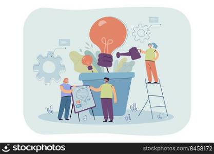 Team growing lightbulb plant. Business people creating ideas for climate change, environment, electricity. Flat vector illustration ecology, future, conservation teamwork concept
