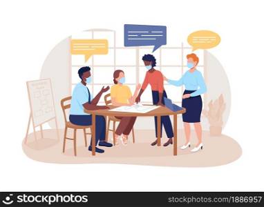 Team in masks at briefing 2D vector isolated illustration. Coworkers planning strategy flat characters on cartoon background. Corporate meeting with health safet measures colourful scene. Team in masks at briefing 2D vector isolated illustration