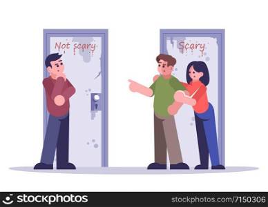 Team in quest room flat vector illustration. Woman and men choosing door isolated cartoon character on white background. Difficult decision, choice. People in escape room. Logic game