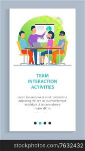 Team increation activities, man and woman business cooperation, workers using laptop, desk with diagram, leadership strategy, collaboration vector. Website slider app template, landing page flat style. Business Strategy, Man and Woman Workers Vector