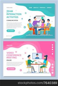 Team interaction activities communication and video conference meeting online, teamwork strategy and chart report, laptop for discussing vector. Website or webpage template, landing page flat style. Teamwork Conference and Interaction Web Vector