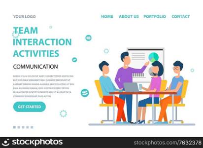 Team interaction activities vector, man and woman sitting by table discussion and brainstorming. Conference and seminar, presentation whiteboard. Website or webpage template, landing page flat style. Team Interaction Activities People on Meeting Web