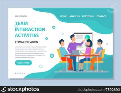 Team interaction activity vector, boss giving presentation for employees, woman and man sitting by table brainstorming, meeting and teambuilding. Website or webpage template, landing page flat style. Team Interaction Activity People Meeting Website