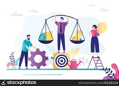 Team invest in new idea. Businessman holds scales with light bulb and gold coins. Investment management, teamwork. Balance of money and ideas. Startup development, new project. Vector illustration