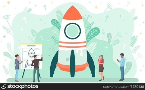 Team is working with startup. People launching business project, business strategy successful. Entrepreneurs create new project with spaceship. Characters planning rocket launch, making calculations. Characters planning rocket launch. Team is working with startup. Entrepreneurs create new project