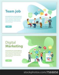 Team job and digital marketing Internet web pages vector. Online market and business teamwork, technologies and office workers, brainstorming or conference. Digital Marketing and Team Job Internet Web Pages