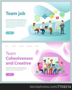 Team job, team cohesiveness and creative, landing page of website, office workers colleagues discussing new idea or plan, analysing financial statistics, build strategy, teamwork, brainstorming. Team job, team cohesiveness and creative, landing page of website, office workers colleagues