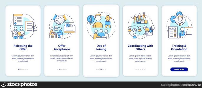 Team joining process onboarding mobile app screen. Employment walkthrough 5 steps editable graphic instructions with linear concepts. UI, UX, GUI template. Myriad Pro-Bold, Regular fonts used. Team joining process onboarding mobile app screen