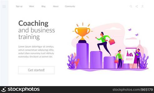 Team leader, employee getting promotion. Personal development course. Coaching and business training, goal achievement, success and career ladder concept. Website homepage header landing web page template.. Business coaching landing page template