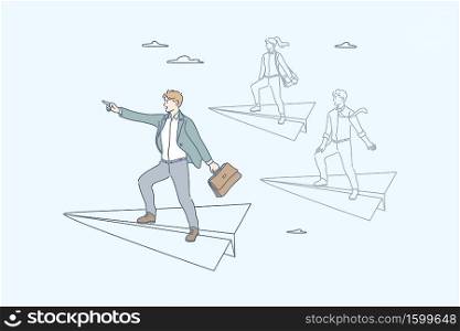 Team, leadership, goal, motivation, business concept. Team of young business people clerks managers flies on paper plane together. Businessman leader stands on plane, points direction forward to goal.. Team, leadership, goal, motivation, business concept