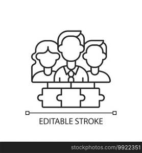 Team linear icon. Working together. Cooperation for accomplishing purpose and tasks. Thin line customizable illustration. Contour symbol. Vector isolated outline drawing. Editable stroke. Team linear icon