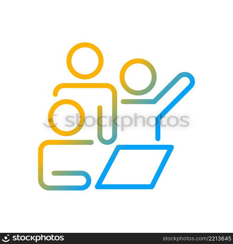 Team meeting gradient linear vector icon. Brainstorming together. Group project. Productive partnership. Thin line color symbol. Modern style pictogram. Vector isolated outline drawing. Team meeting gradient linear vector icon