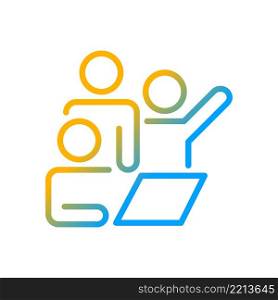 Team meeting gradient linear vector icon. Brainstorming together. Group project. Productive partnership. Thin line color symbol. Modern style pictogram. Vector isolated outline drawing. Team meeting gradient linear vector icon