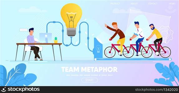 Team Metaphor. Business People Sitting on Bicycle Generating Electric Power for Large Bulb. Idea Generation. Brainstorm and Teamwork Cooperation. Cartoon Flat Vector Illustration. Horizontal Banner. People on Bicycle Generating Power for Large Bulb.