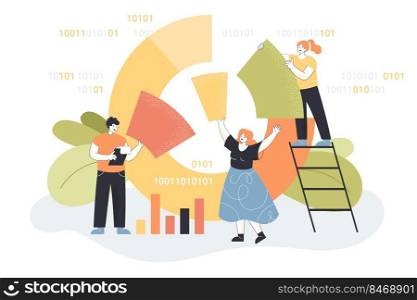 Team of analysts working with diagrams on data analysis process. Tiny people analyzing code, financial data with analytics software flat vector illustration. Online technology, web industry concept. Team of analysts working with diagrams on data analysis process