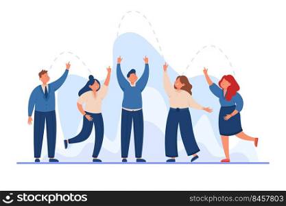Team of business people putting hands up together. Businessman and group of workers in suits with fingers pointing upwards flat vector illustration. Teamwork, communication concept for banner