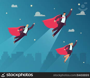 Team of business superheroes flying into sky. Powerful of female and male super heroes with red capes and suits in action flat vector illustration. Professional businessman, strong leader concept. Team of business superheroes flying into sky