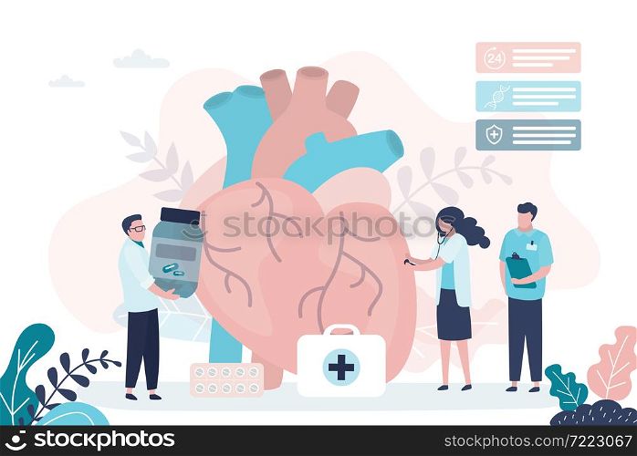 Team of cardiologists examines heart for disease. Group of doctors treats heart with different pills. Cardiovascular system checkup. Concept of cardiology and treatment. Flat vector illustration. Team of cardiologists examines heart for disease. Group of doctors treats heart with different pills. Cardiovascular system checkup