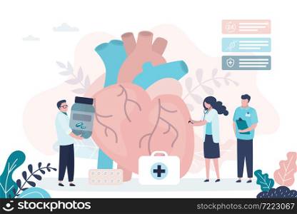 Team of cardiologists examines heart for disease. Group of doctors treats heart with different pills. Cardiovascular system checkup. Concept of cardiology and treatment. Flat vector illustration. Team of cardiologists examines heart for disease. Group of doctors treats heart with different pills. Cardiovascular system checkup