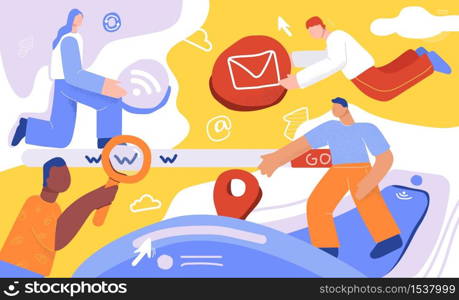 Team of cartoon people surf search internet web page and website traffic vector flat illustration. Colorful doodle man and woman creating digital advertising, online marketing and seo tools. Team of cartoon people surf search internet web page and website traffic vector flat illustration