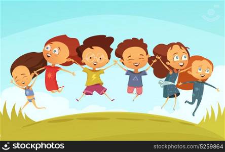 Team Of Cheerful Friends Holding Hands And Jumping. Cartoon team of cheerful friends holding hands and jumping together outdoors flat vector illustration in retro style