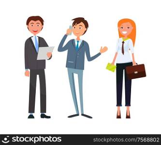 Team of corporate business workers in formal wear. Vector man with sheet of paper, boss speaking on telephone and woman holding briefcase isolated characters. Team of Corporate Business Workers in Formal Wear