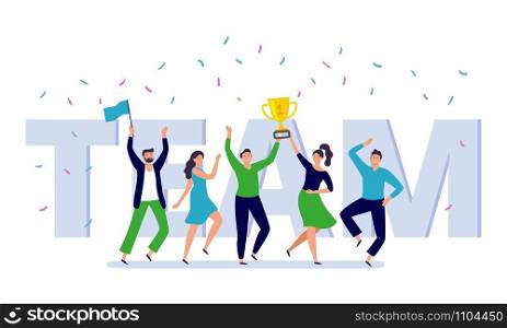 Team of corporate people celebration. Happy office workers celebrate win golden cup, teamwork trophy and success persons. Businessman celebration festival party flat vector illustration. Team of corporate people celebration. Happy office workers celebrate win golden cup, teamwork trophy and success persons flat vector illustration