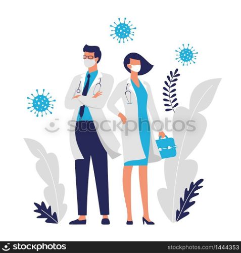 Team of doctors a woman and a man cartoon characters in white medical face mask against coronavirus