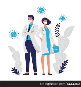 Team of doctors a woman and a man cartoon characters in white medical face mask against coronavirus
