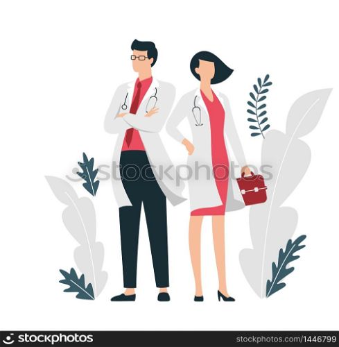 Team of doctors a woman and a man cartoon characters on floral background