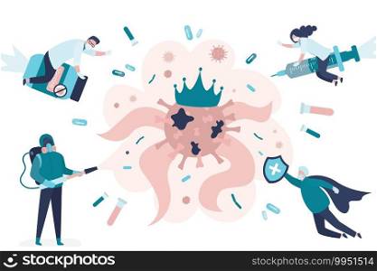 Team of doctors, medical staff and scientists stops spread of coronavirus and disease. Vaccine search,quarantine measures. Health care concept. Global pandemic Covid-19. Flat Vector illustration