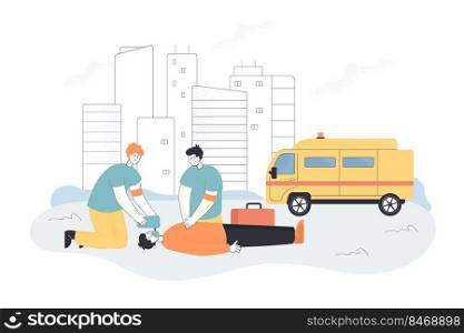 Team of emergency doctors doing cardiopulmonary resuscitation of unconscious man in accident. CPR assistance to critical patient flat vector illustration. First aid, resuscitation training concept