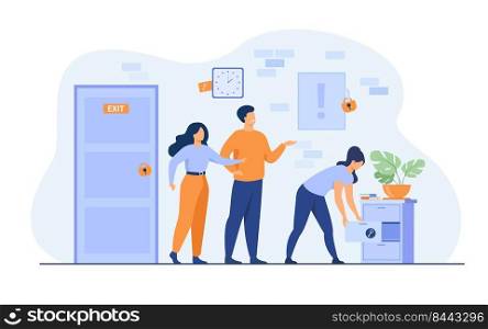 Team of friends looking for key, searching treasure or exit from quest room with locks. Vector illustration for teamwork, play, adventure, activity, entertainment concept