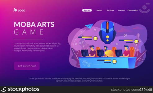 Team of gamers controlling game characrers in online battle. Multiplayer online battle arena, MOBA ARTS game, action real-time strategy concept. Website vibrant violet landing web page template.. Multiplayer online battle arena concept landing page.