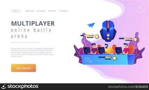 Team of gamers controlling game characrers in online battle. Multiplayer online battle arena, MOBA ARTS game, action real-time strategy concept. Website vibrant violet landing web page template.. Multiplayer online battle arena concept landing page.