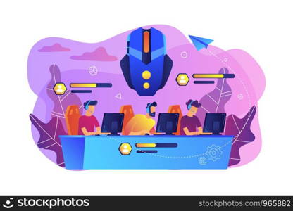Team of gamers controlling game characrers in online battle. Multiplayer online battle arena, MOBA ARTS game, action real-time strategy concept. Bright vibrant violet vector isolated illustration. Multiplayer online battle arena concept vector illustration.