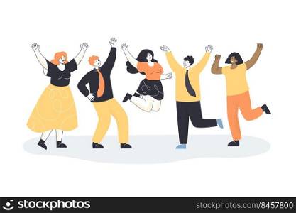 Team of happy office workers celebrating professional victory. Business people jumping and laughing out of joy flat vector illustration. Success, cooperation concept for banner, website design
