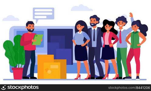 Team of happy people receiving order from courier. Cardboard box, truck, van flat vector illustration. Logistics service, delivery concept for banner, website design or landing web page