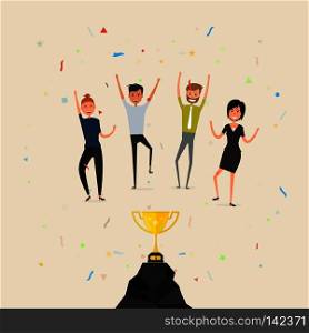 Team of happy young men   women icon with Shiny golden winner cup.Happy young business people and Golden trophy cup.Successful business teamwork concept.Business team of employees.Business company partners.Vector illustration