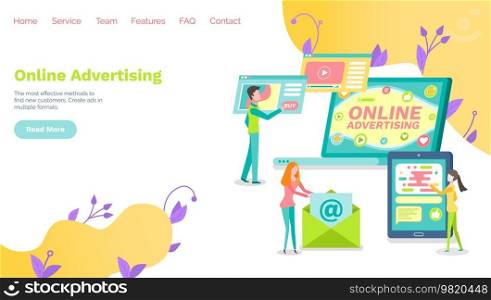 Team of marketers exploring customer base. Attracting customers, proper marketing concept. Tool for successful business development. Website or webpage for online advertising, digital marketing. Website or webpage for digital marketing. Team of marketers advertising, promoting online
