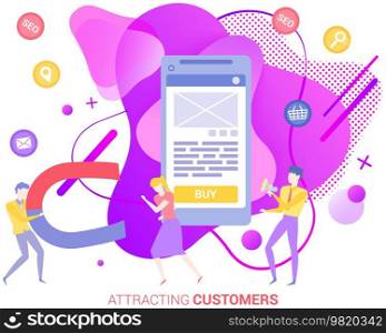 Team of marketers exploring customer base in mobile app. Attracting customers, proper digital marketing concept. Tool for successful business development. People work with online advertising. Team of marketers advertising online in mobile app. Attracting customers, proper digital marketing