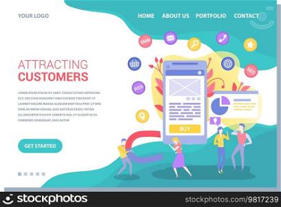 Team of marketers exploring customer base in mobile app. Attracting customers, proper marketing concept. Tool for successful business development. Website or webpage for online sales analysis design. Team of marketers exploring customer base in mobile app. Attracting customers website template