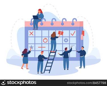 Team of office workers planning business on giant calendar. Flat vector illustration. Men and women setting goals, reminders for important events. Entrepreneurship, time management, teamwork concept