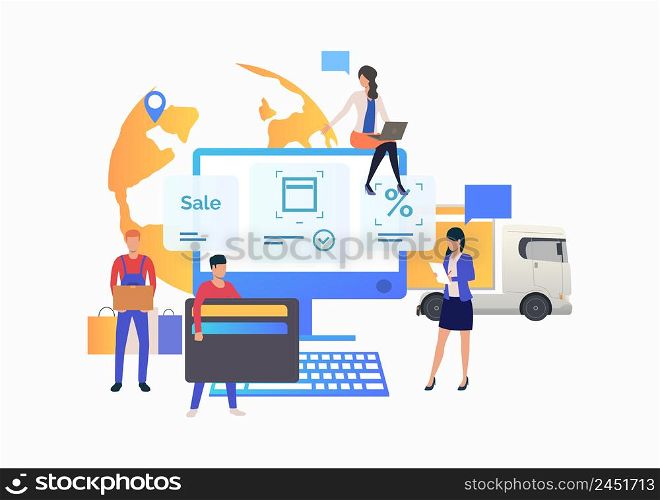 Team of online store working with customer. Buying, marketing, consulting, delivery. Online shop concept. Vector illustration can be used for topics like sale, shopping, purchasing